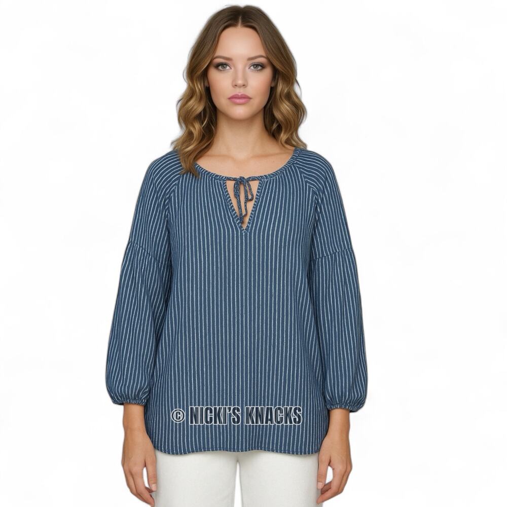 Universal Thread 100% Cotton Striped Balloon Sleeve Peasant Top Blue Size L